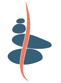 Reflexation logo, figurative graphic of a spinal column in front of three stones balancing